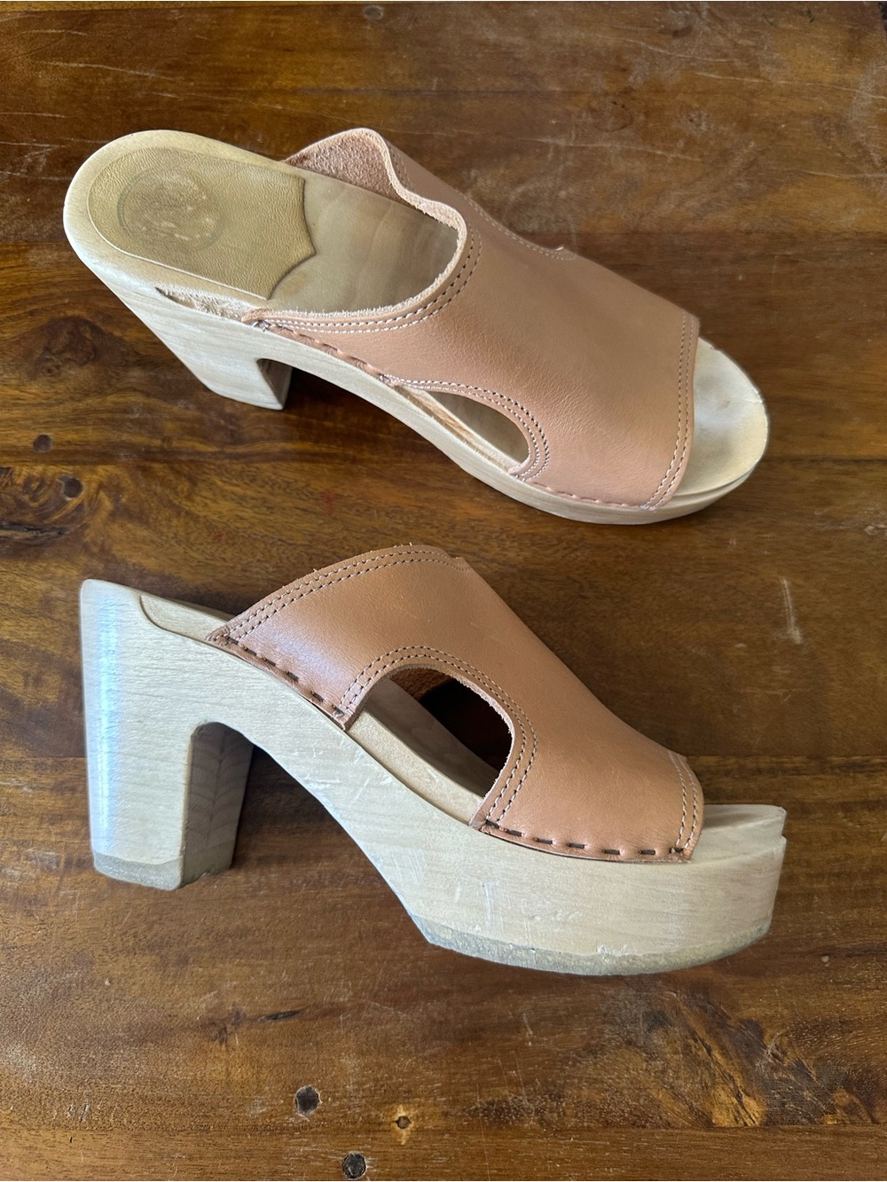 No. 6 Store Alexis Cut Out tan beige wooden clog platform sandals heels size 39